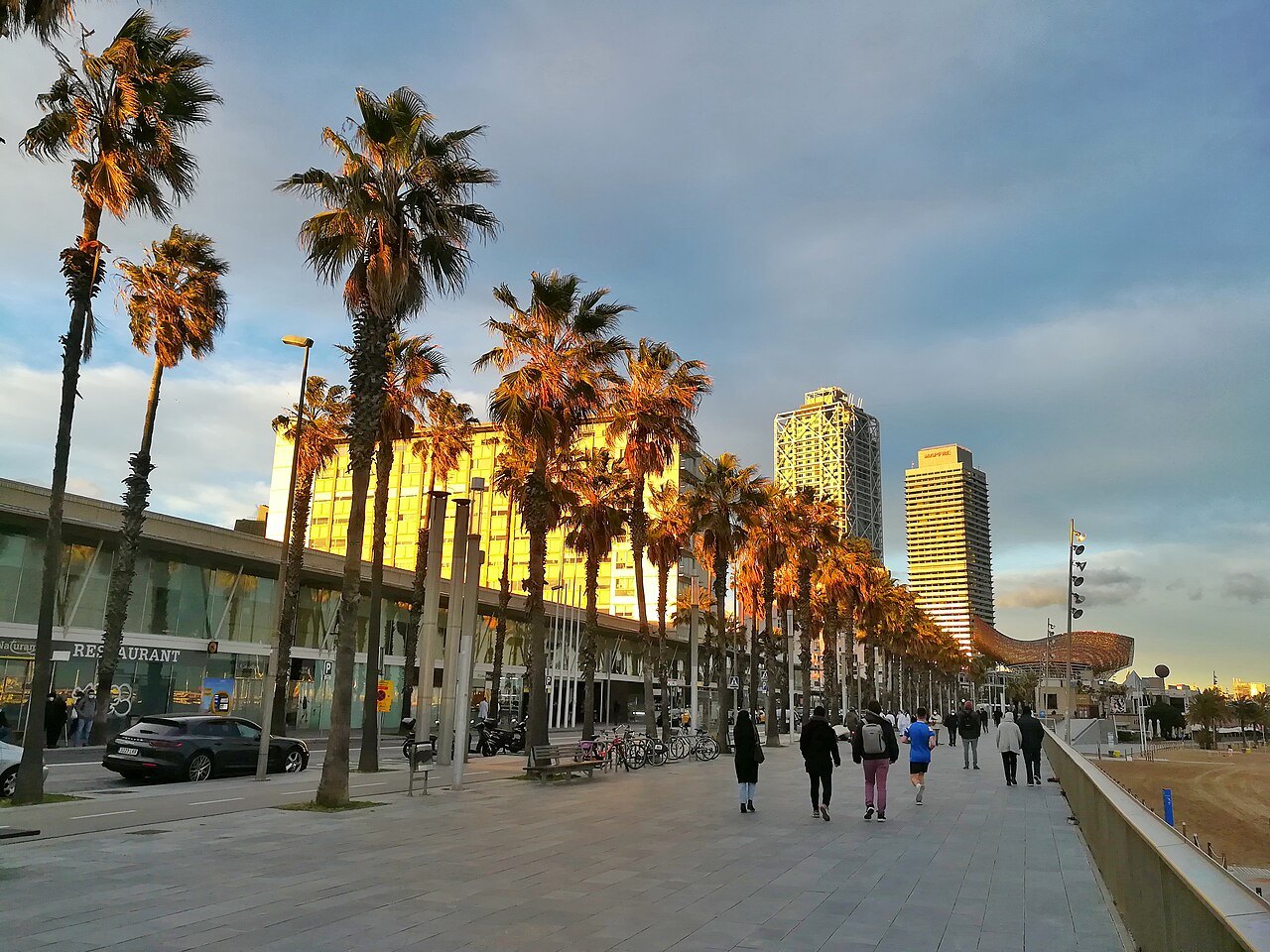 The Passeig Marítim at Barceloneta, palms lining the walkway toward two towers on the skyline.