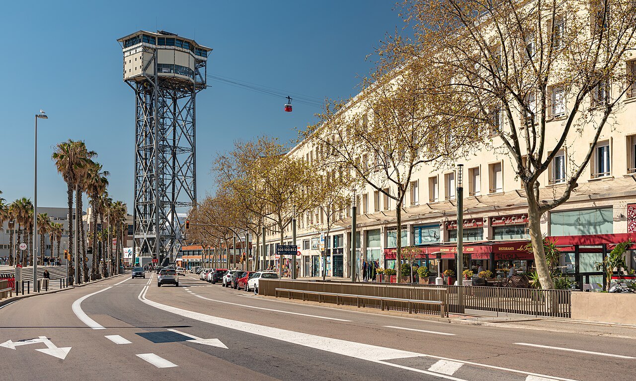 The tower of the harbor cable car beside the Passeig de Joan de Borbó.