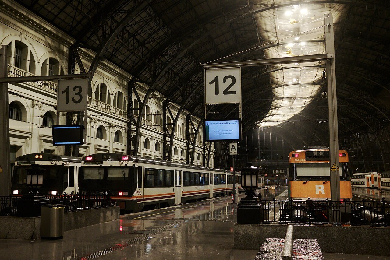 Commuter trains at platforms 12 and 13 under the roof of Estació de França.