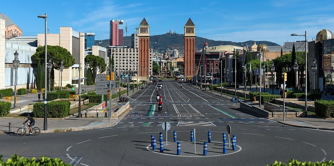 The avenue leading to Plaça d'Espanya, with the two Venetian towers and Montjuïc beyond.