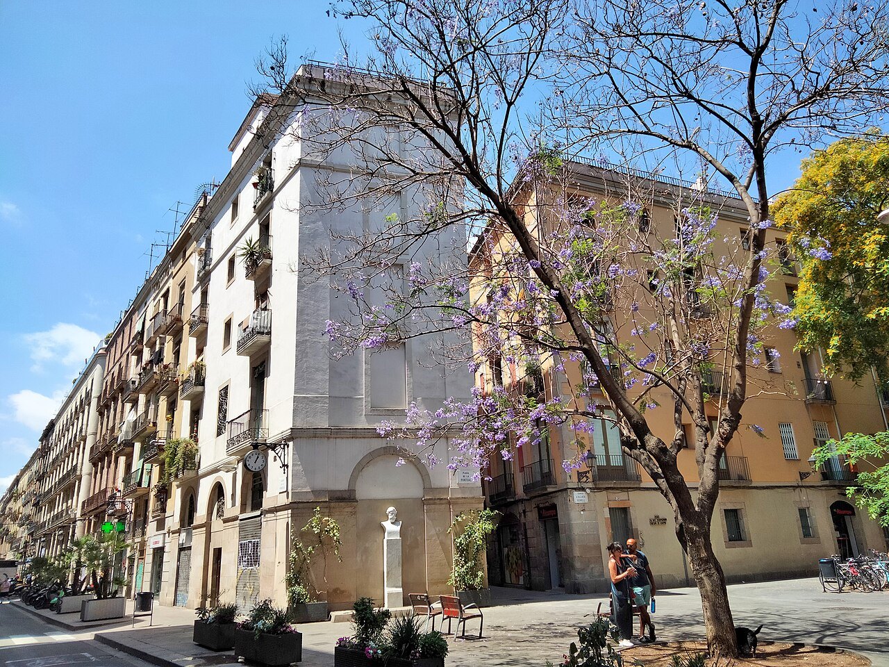 Apartment buildings around a small square, with a flowering tree in front.