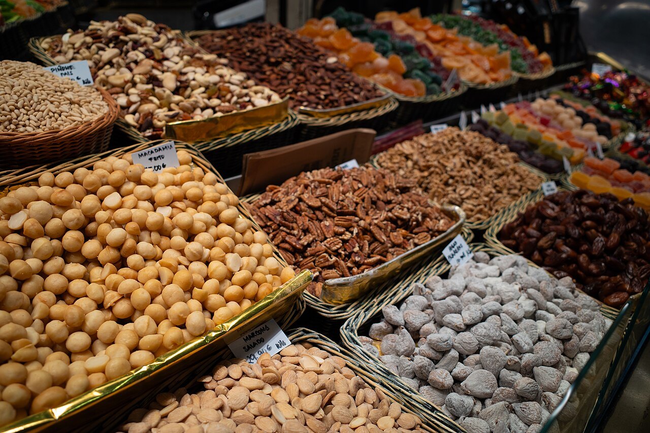 Baskets of nuts and dried fruit on a stall in the Boqueria.