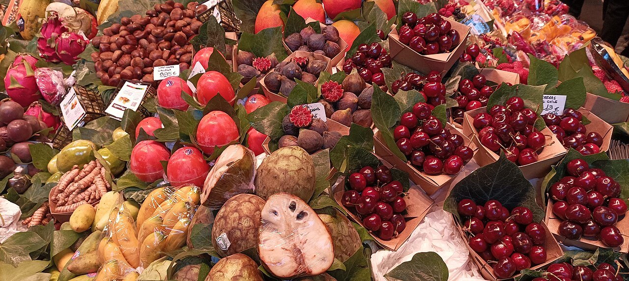 A stall of cherries, figs and other fruit in the Boqueria.