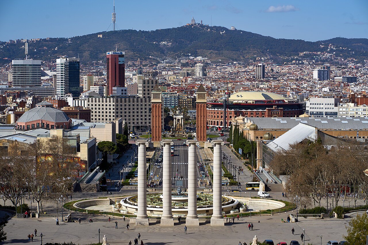 The Four Columns and the Venetian towers at Plaça d'Espanya, seen from above.