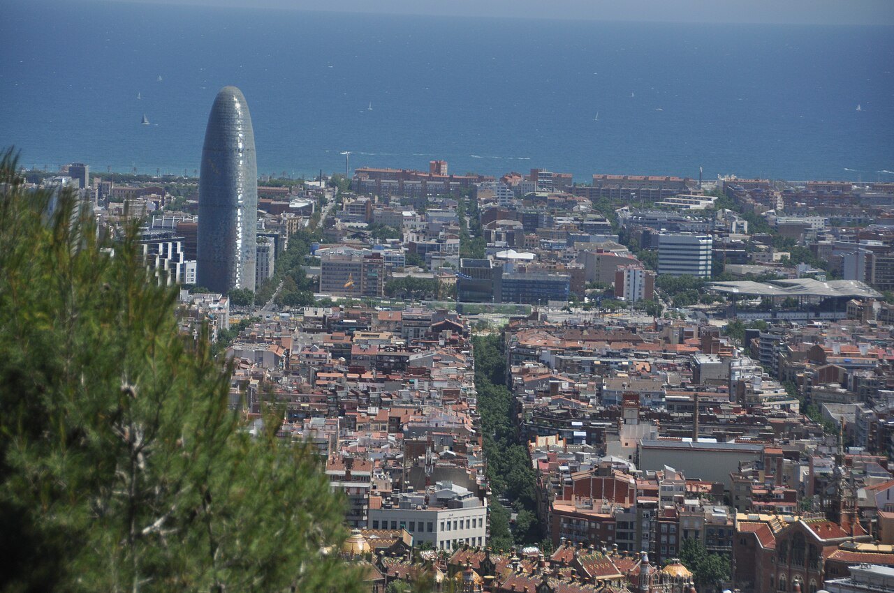 The tower among the city blocks, with the sea behind, seen from the hills.